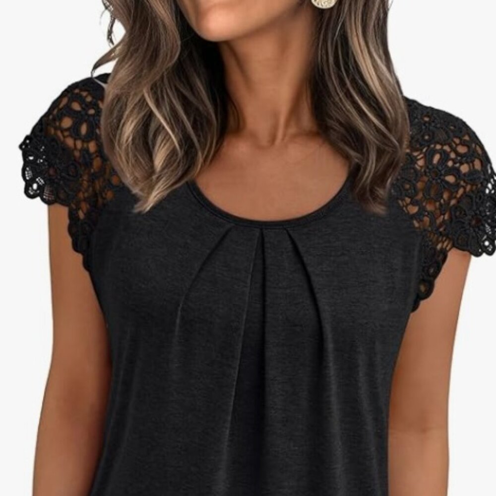 Womens Lace Tops Pleated Short Sleeve Shirt XL Black